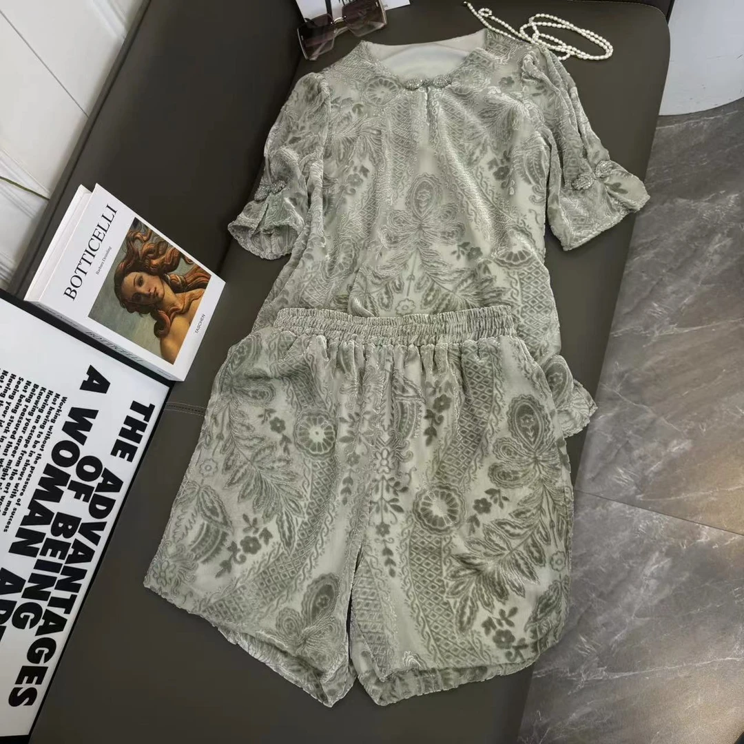 【中先森设计】2024新款桑蚕丝真丝丝绒烧花时尚气质设计感套装 860