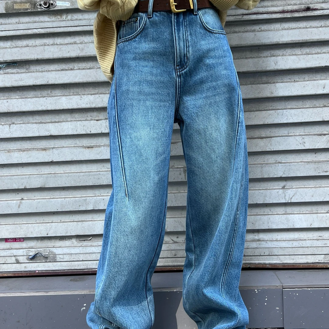 加厚加绒欧版牛仔阔腿香蕉裤