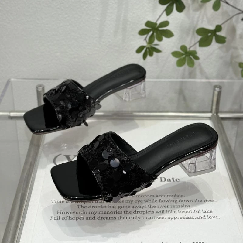 2024夏季新款粗跟方头时尚气质百搭网红外穿中跟露趾仙女风凉拖鞋