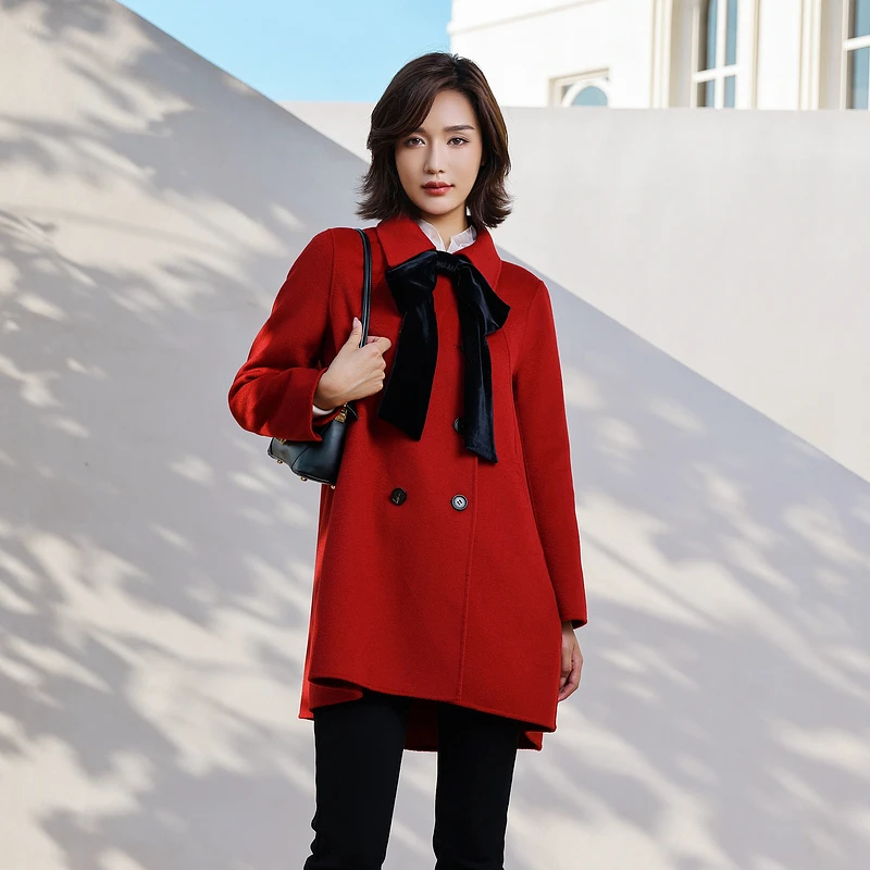 婉甸波尔多红水波纹双面呢外套1234E02RJBYX