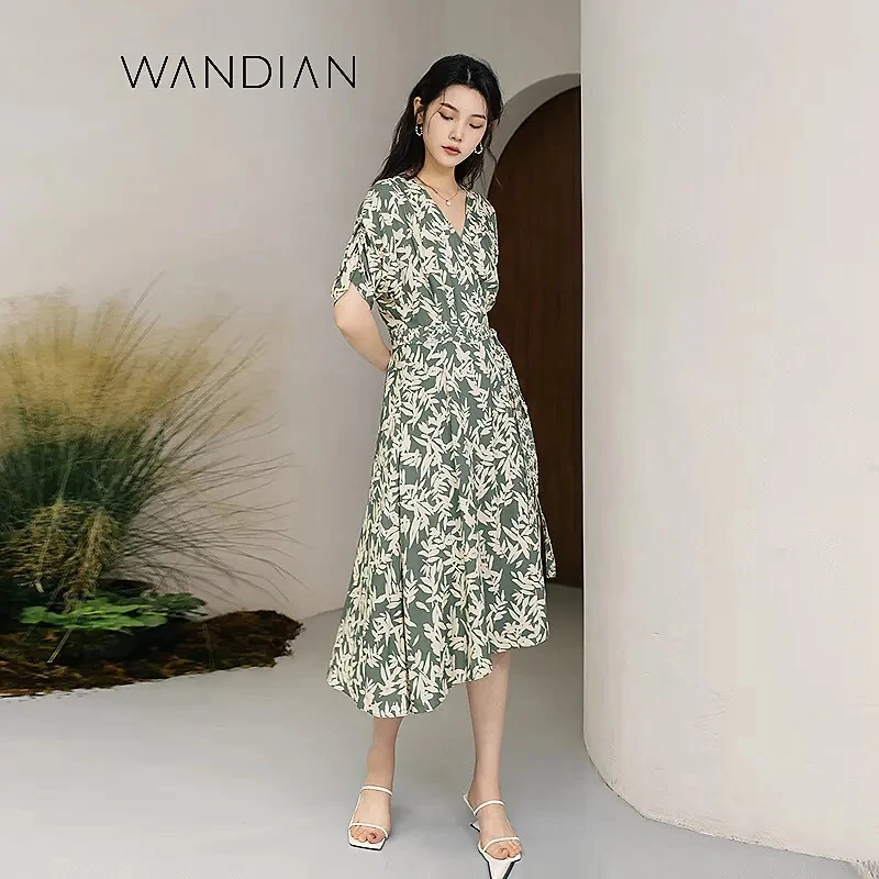 婉甸新品绿底青竹叶连衣裙1232N71DJ5