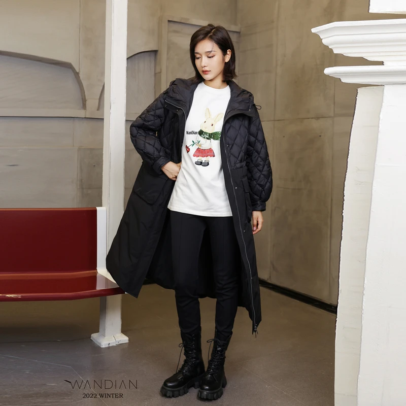 婉甸黑色拼接长款羽绒服1234D38SJ5YX