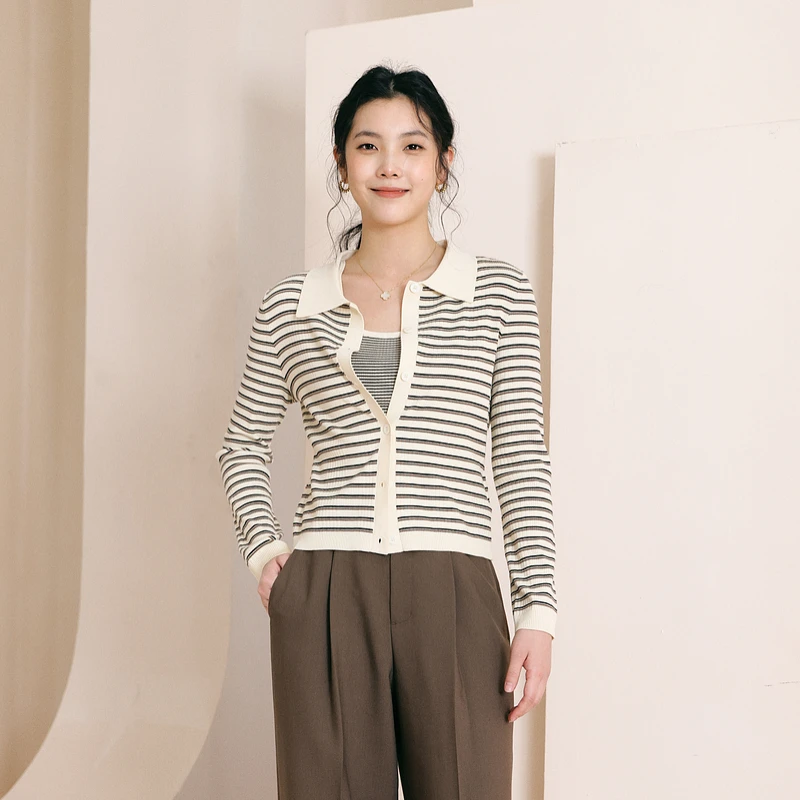 婉甸棕咖条纹毛织开衫1233W27RS5