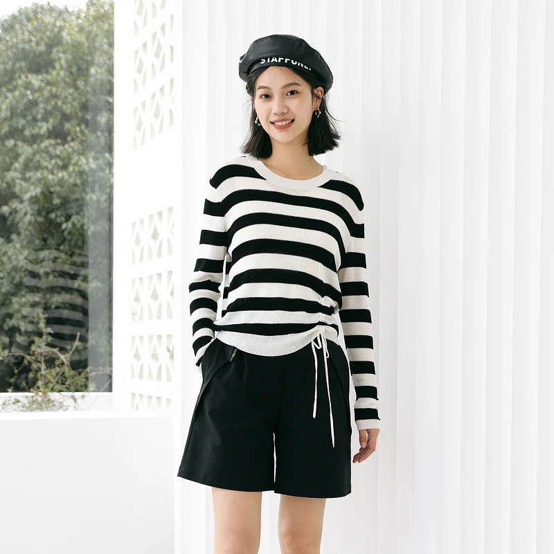 婉甸新品黑白条纹毛织套头衫1233W18DM3