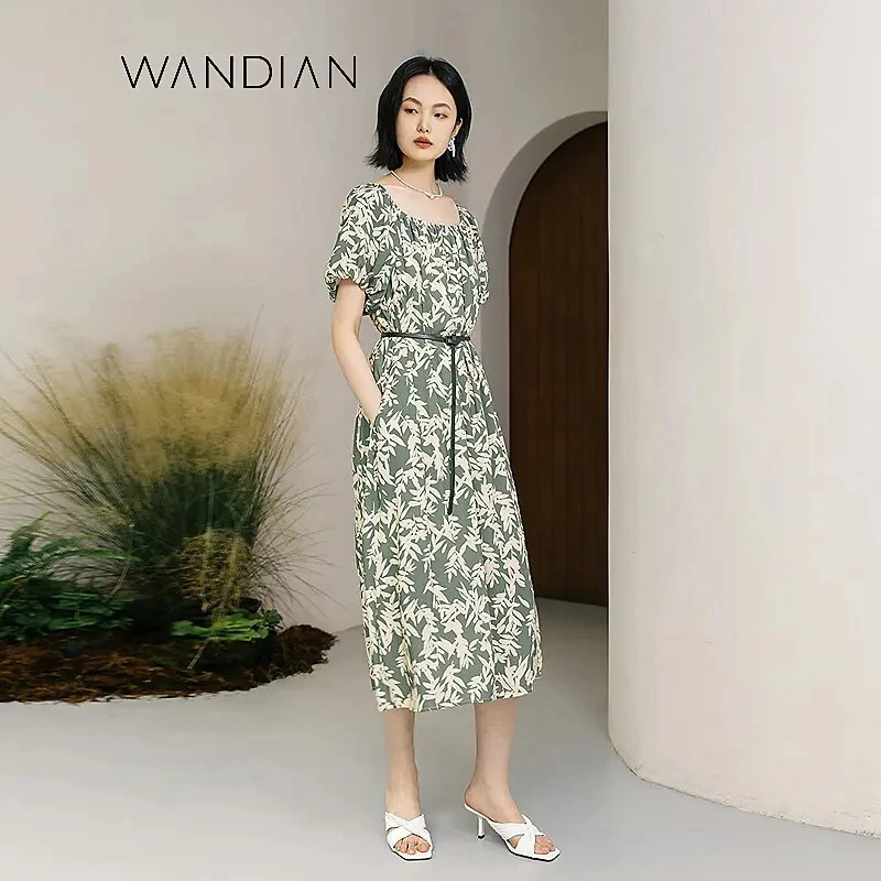 婉甸新品绿底青竹叶连衣裙1232N70DJ5