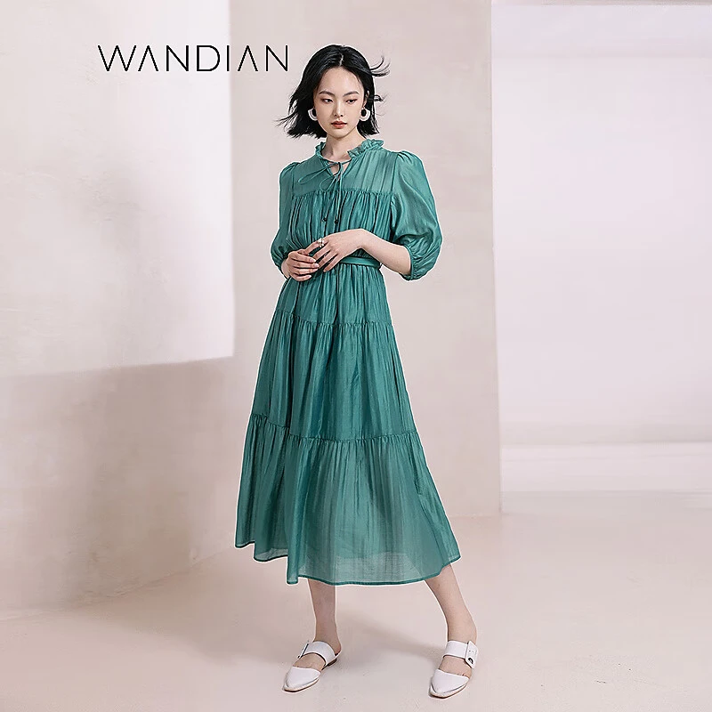 婉甸新品棕榈绿短袖连衣裙1232N04RS1