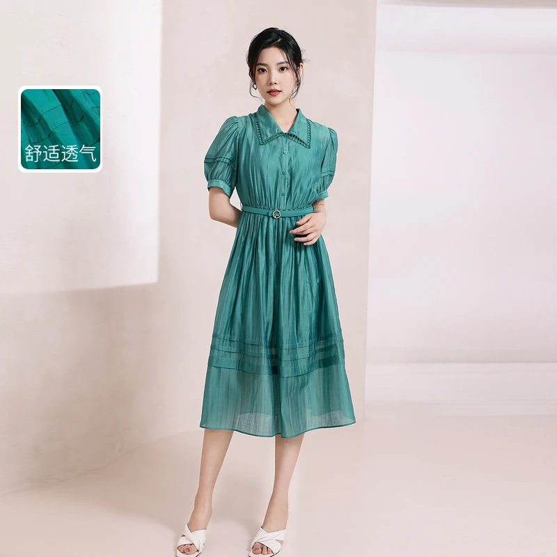 婉甸新品棕榈绿夏季国风绿色短袖连衣裙1232N03RS1A