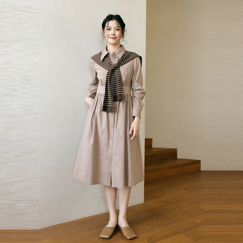 婉甸奶茶色长袖连衣裙1233N05RS2