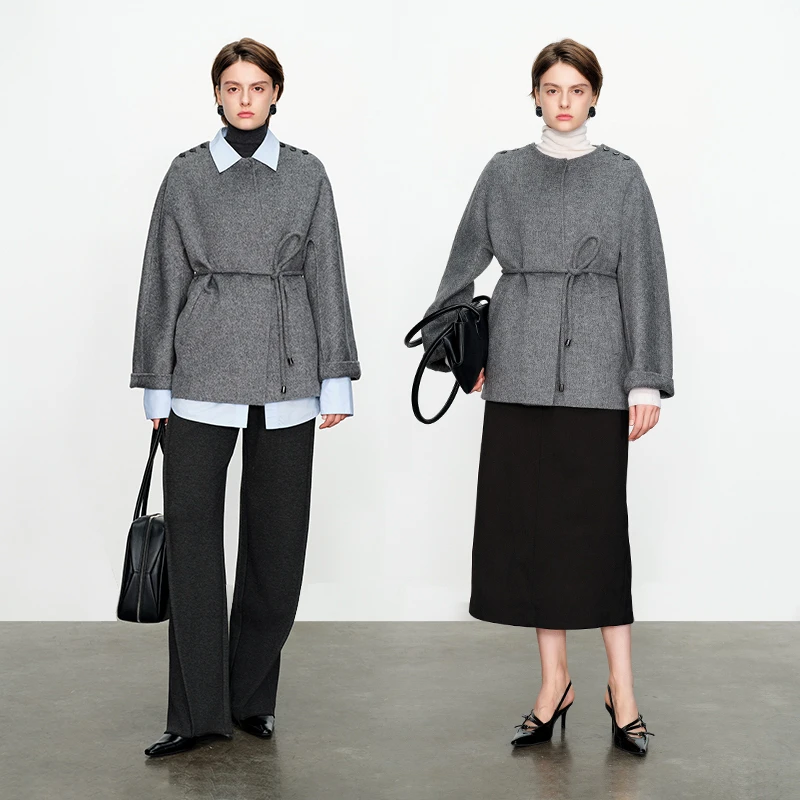 婉甸格雷灰中长款双面呢外套2024冬季新品绵羊毛落肩款1234E81DS4