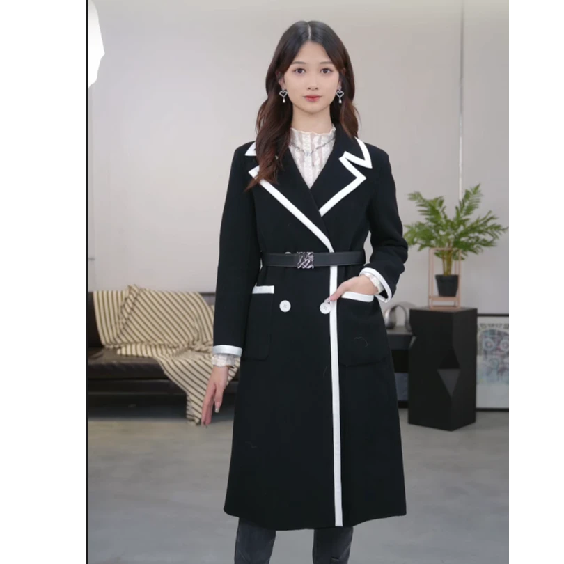 WANDIAN/婉甸显瘦气质时尚收腰100%绵羊毛中长款大衣1234C01DM1