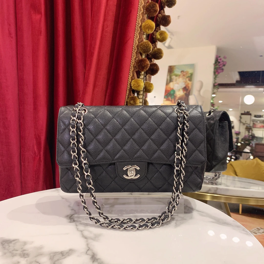 95新 Chanel/香奈儿 GGS丨CF中号黑银荔枝单肩包30开/44867794