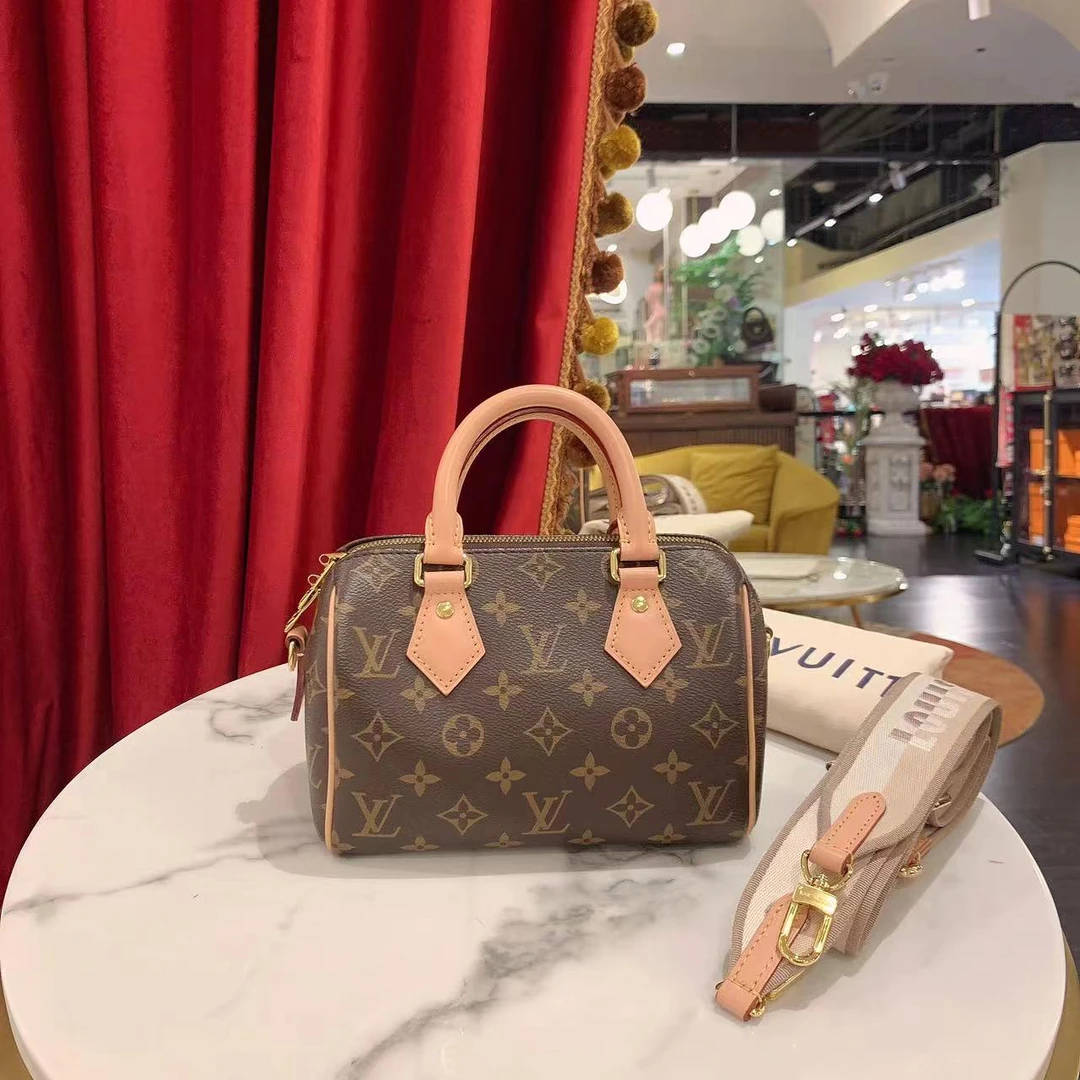 95新 LV GGS丨speedy20卡其色肩带老花金扣单肩包芯片款/79595482