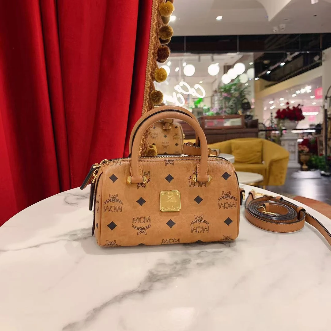 95新 MCM GGS萌萌丨波士顿包mini干邑色印花金扣/74124913