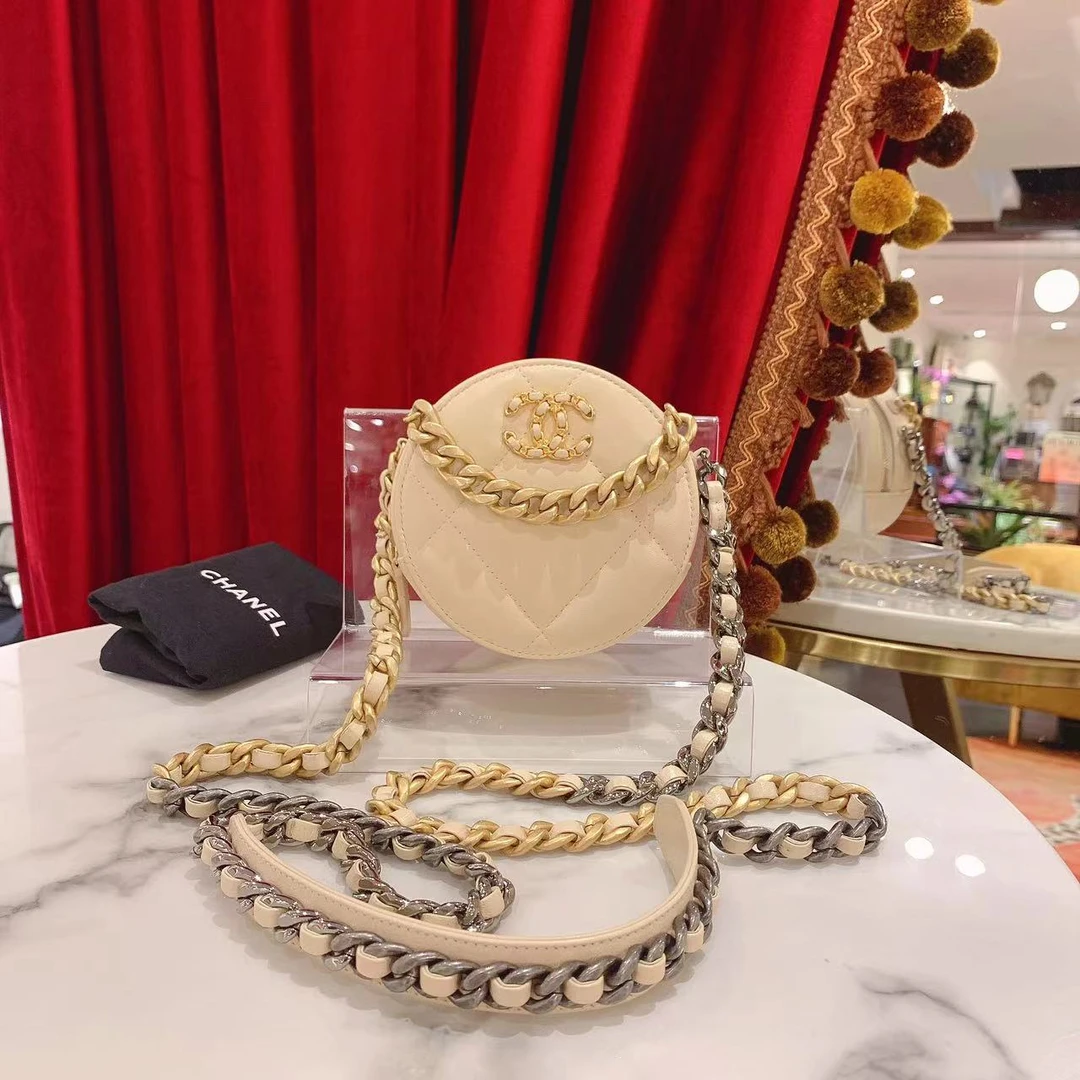 95新 Chanel/香奈儿 GGS丨19bag圆饼奶茶色金扣羊30开 86814418