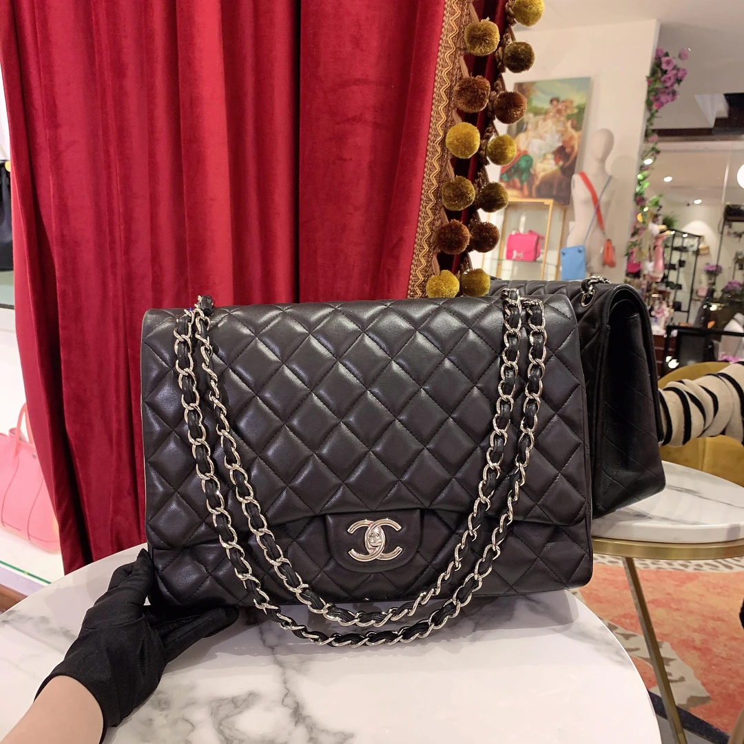 95新 Chanel/香奈儿 GGS丨CF maxi黑银菱格单肩包 58418061