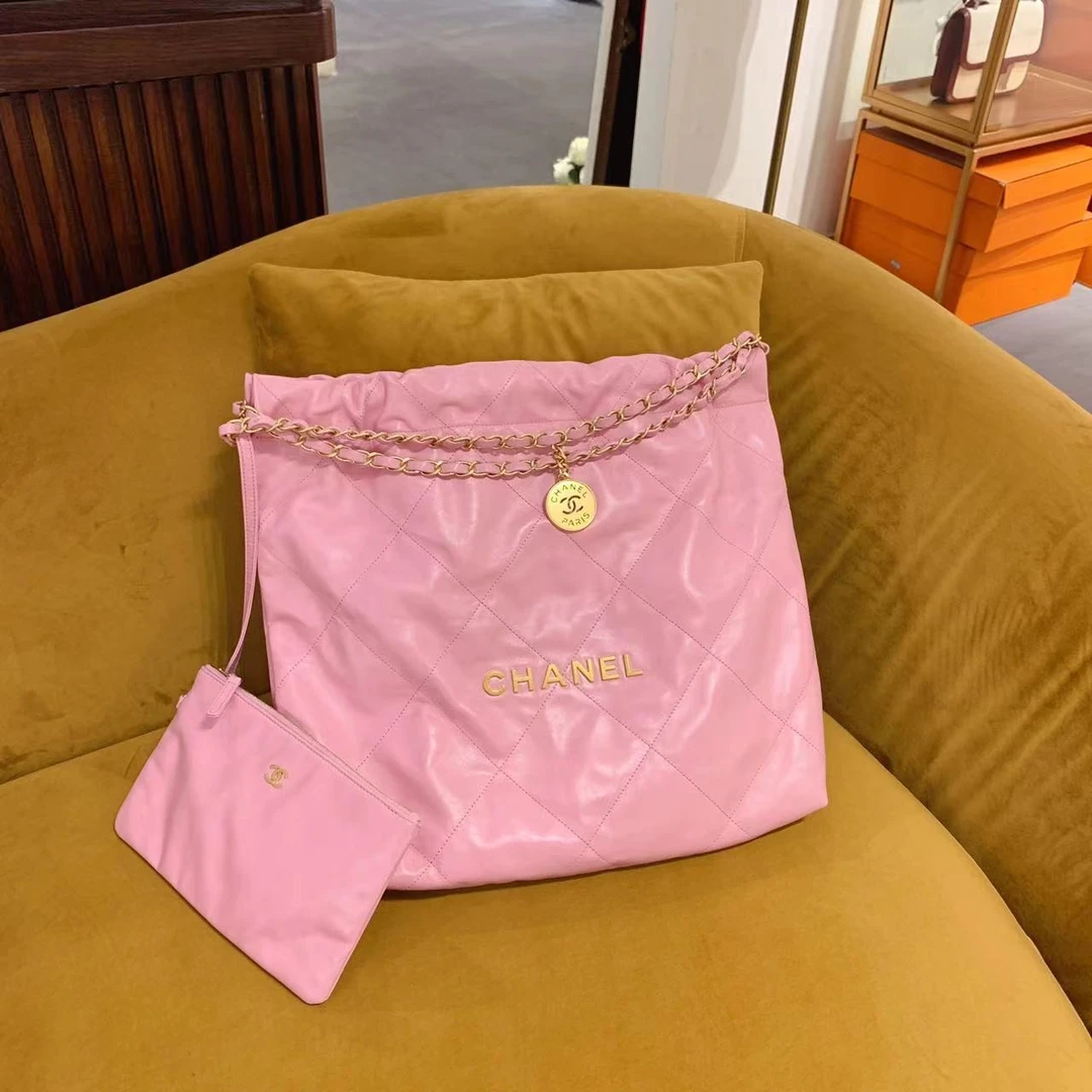99新 Chanel/香奈儿 GGS丨22bag垃圾袋中号樱花粉金扣21319124