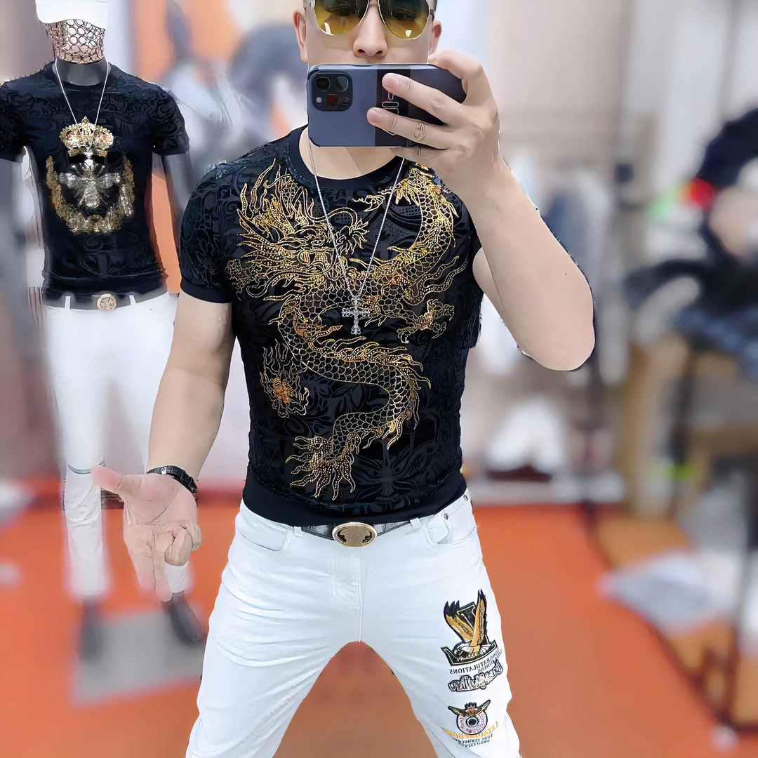 力龍潮牌男士夏季新款高定轻奢欧货时尚潮流大金龙修身短袖T恤