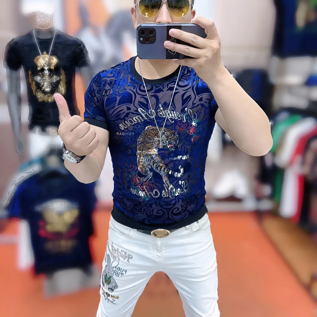 力龍潮牌男士夏季新款高定重工老虎植绒提花时尚潮流修身弹力短袖