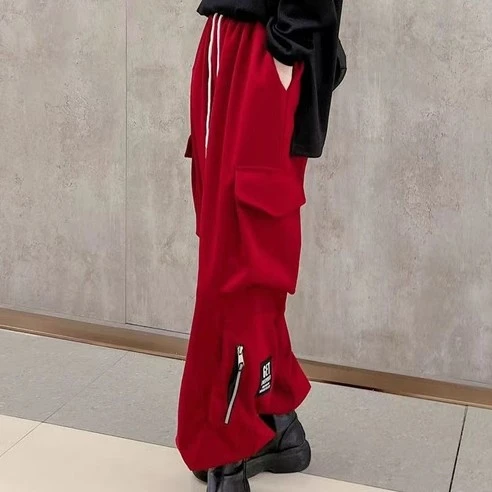 2088时尚潮流工装裤男女同款宽松休闲裤长裤洋气红色秋冬运动裤