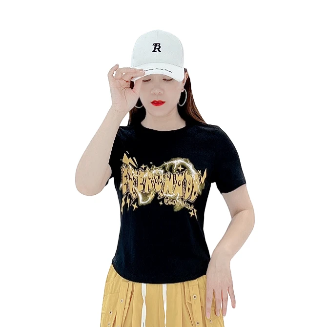 516款彩色时尚印花修身显瘦弧形下摆短款收腰半袖上衣夏季