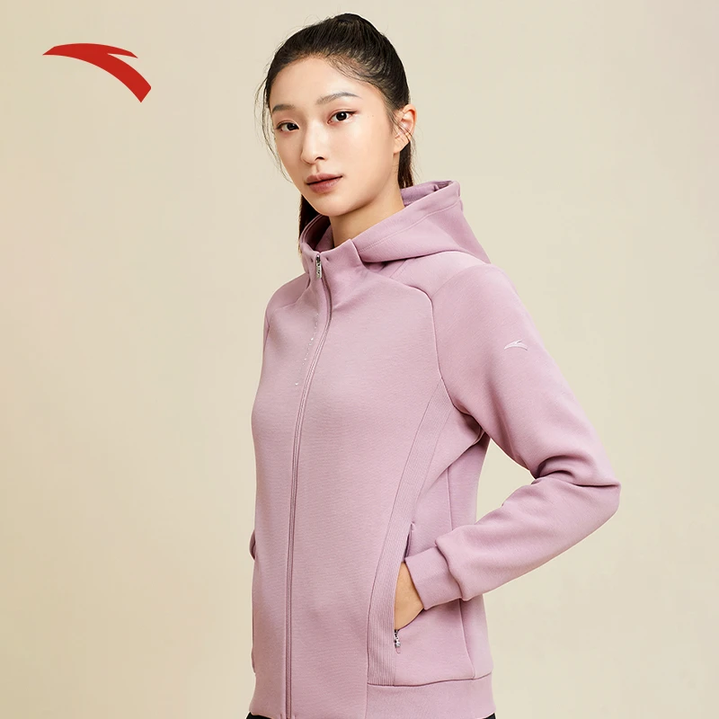 安踏女子运动外套新派简约时尚修身显瘦保暖针织连帽开衫上衣