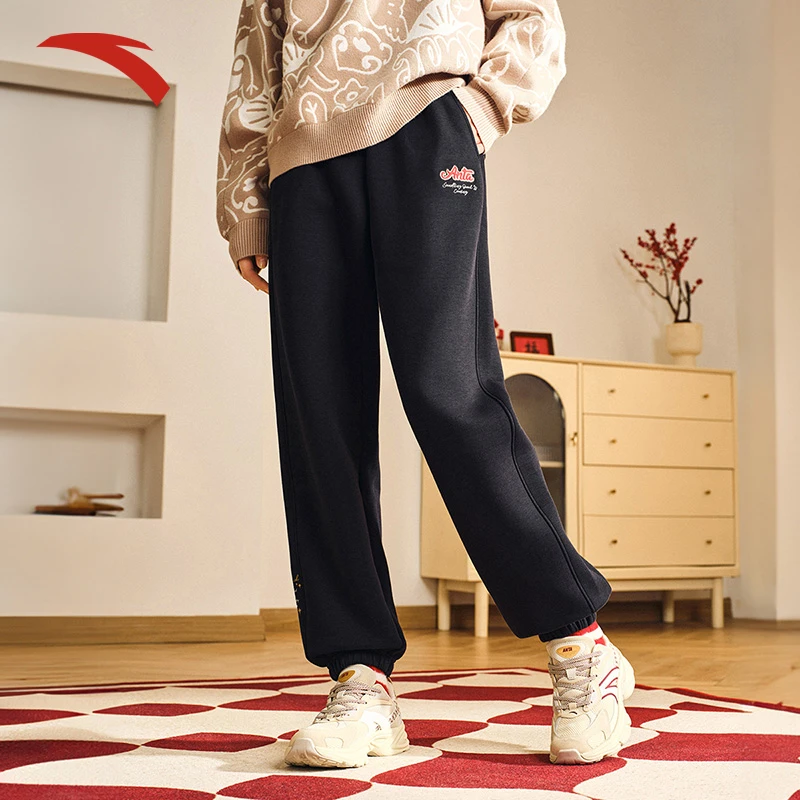 安踏好事发生女子针织运动加绒长裤冬季新款束脚运动卫裤休闲百搭