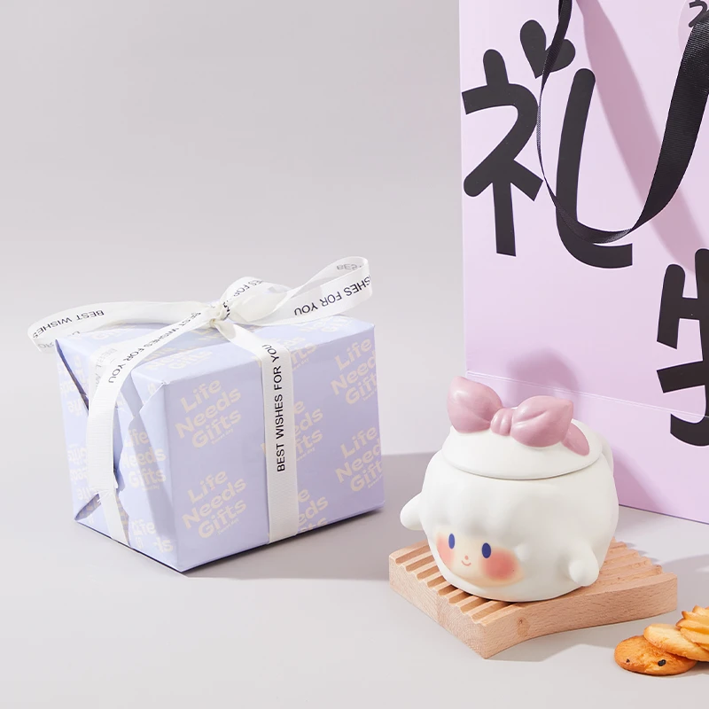 可爱小羊陶瓷杯带盖少女心马克杯情侣家用早餐燕麦杯送生日礼物