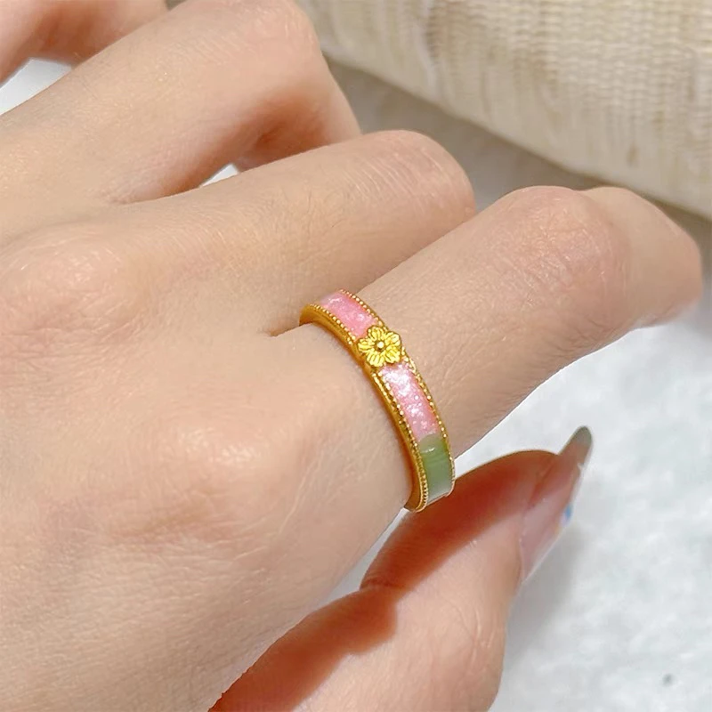 合金珐琅戒指 【桃花缘】 古法粉绿桃花渐变珐琅开口戒指 6005