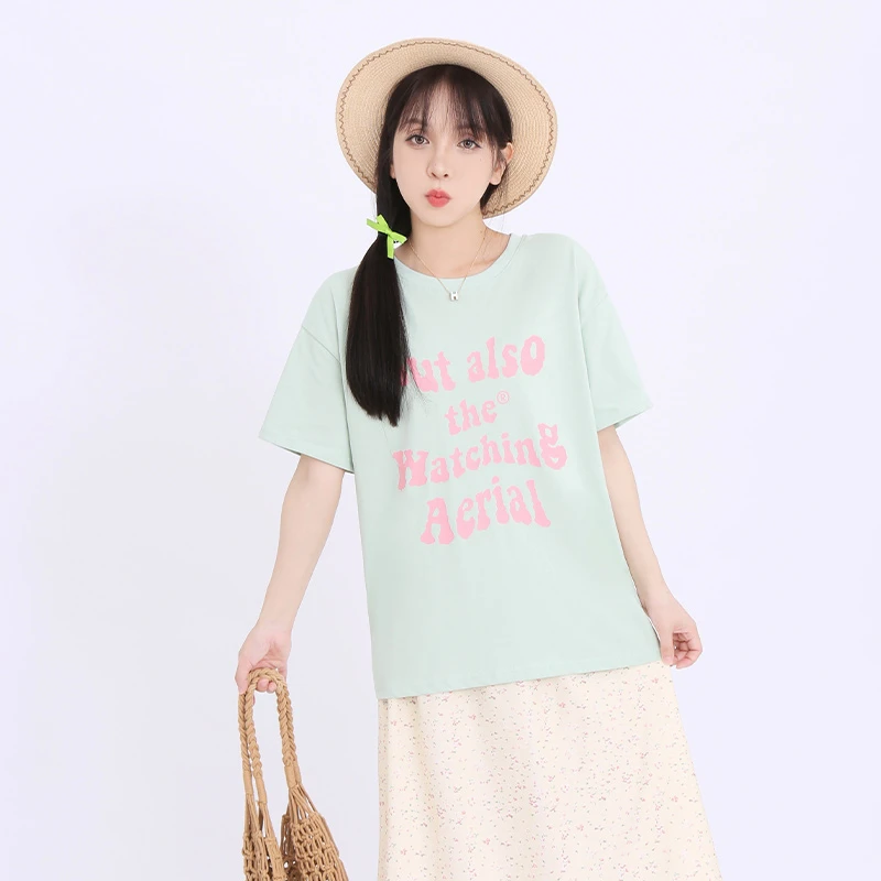 【青】韩系小清新绿色字母印花短袖T恤休闲百搭 2958