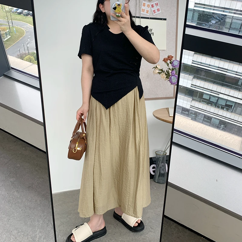 【青】微胖MM褶皱复古半身裙松紧腰中长裙 2600