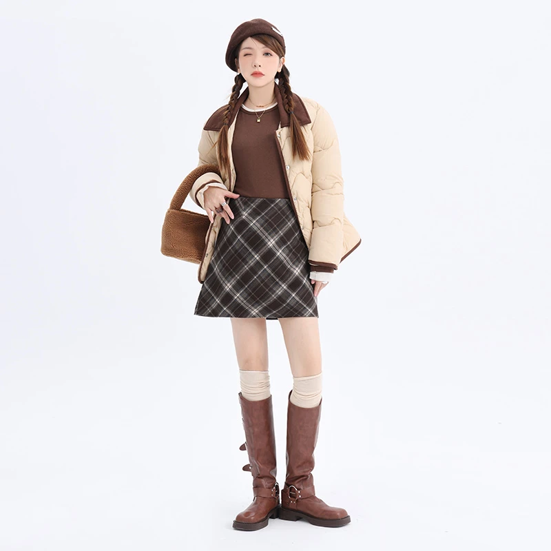 【青】秋冬美拉德色系英伦斜格短裙 2338
