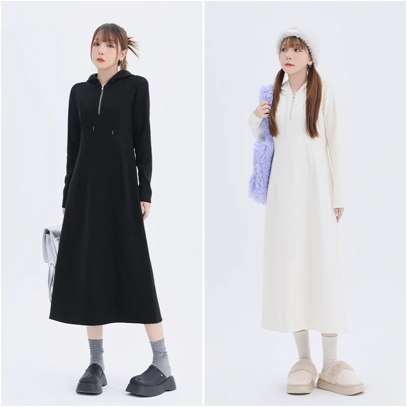 【青】大码微胖秋冬连帽A字型卫衣裙加绒长袖卫衣裙 2372