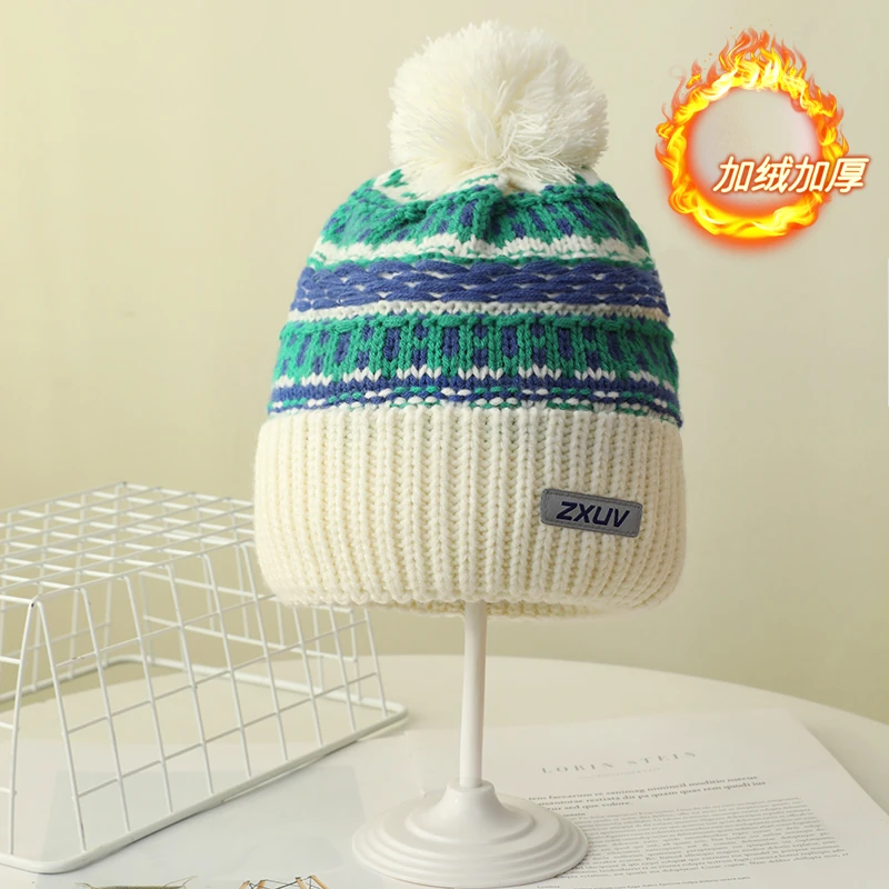ZXUV男女同款冬天大帽围户外时尚拼色加绒针织加绒毛线帽跑步帽