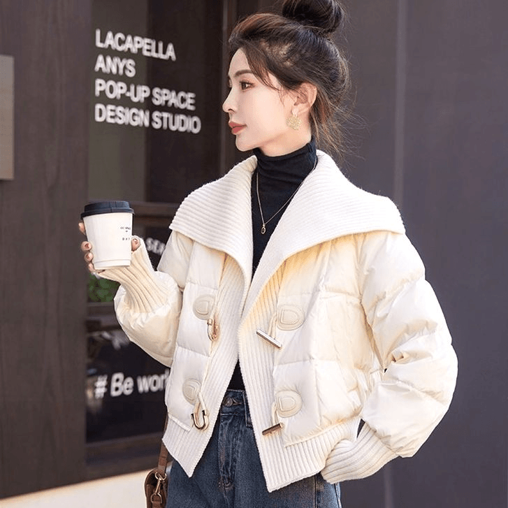针织新款拼接羽绒衣棉服外套羽绒服大翻领气质款秋冬小个子