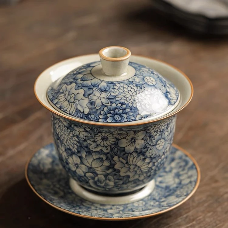 釉下彩青花陶瓷三才釉里红老陶泥功夫茶具大容量缠枝中式复古带盖