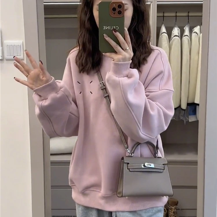 小个子粉色加绒加厚卫衣女秋冬季新款设计感小众宽松百搭圆领上衣