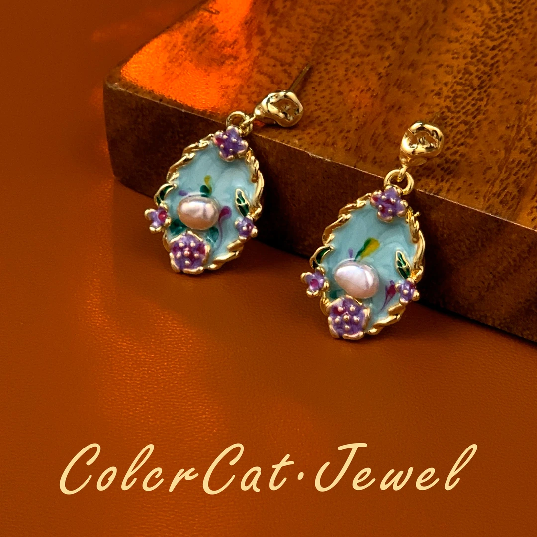 D1136【繁花魔镜】天然淡水珍珠S925银彩色复古油画风新中式耳坠