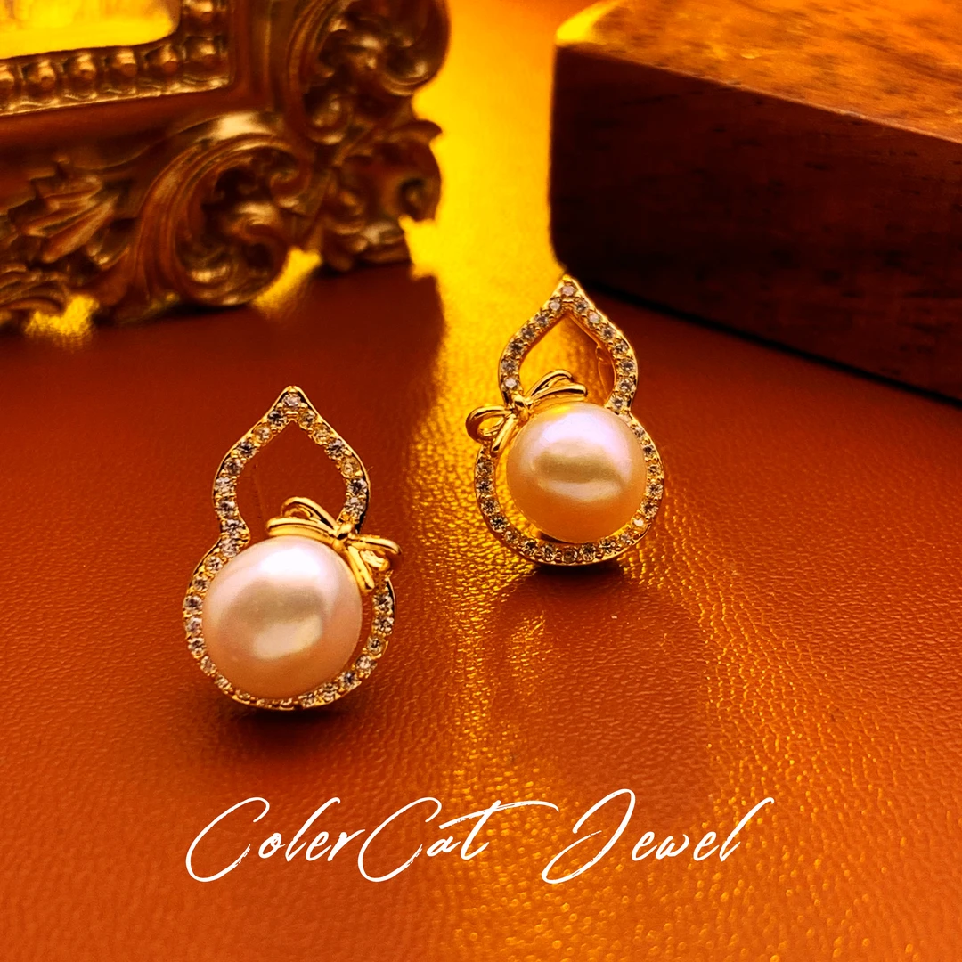 铜合金耳饰 D1112【珠光福䘵】925银针淡水葫芦珠珠耳钉