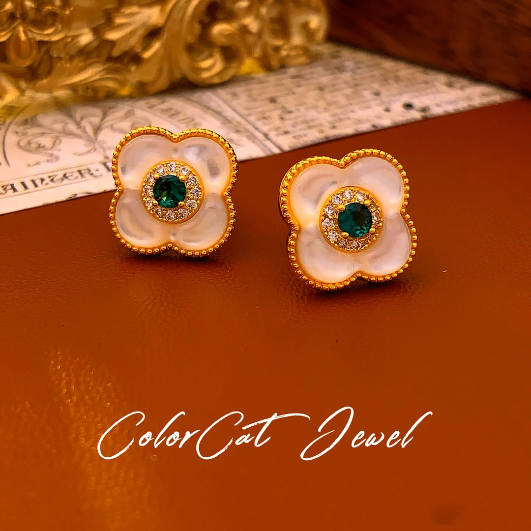铜合金耳饰 D1098【多维格调】四叶草ColorCat♣白贝耳钉