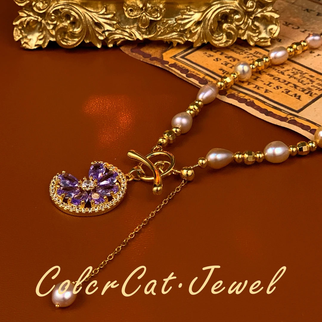 X5080【紫霞仙子】彩色淡水珍珠紫色锆石抽拉调节项链