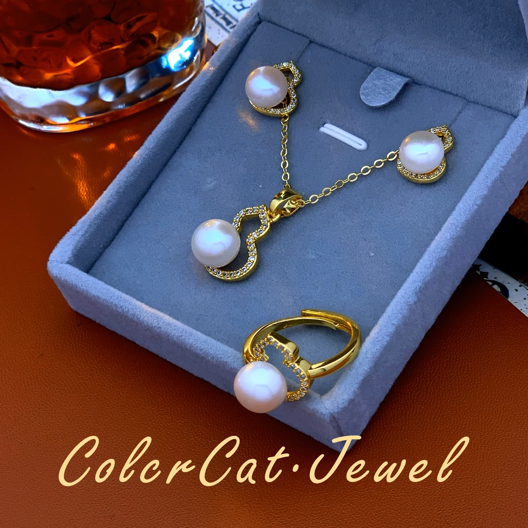 T005【宝葫星辰】天然淡水珍珠8-9MM三件套耳钉项链戒指