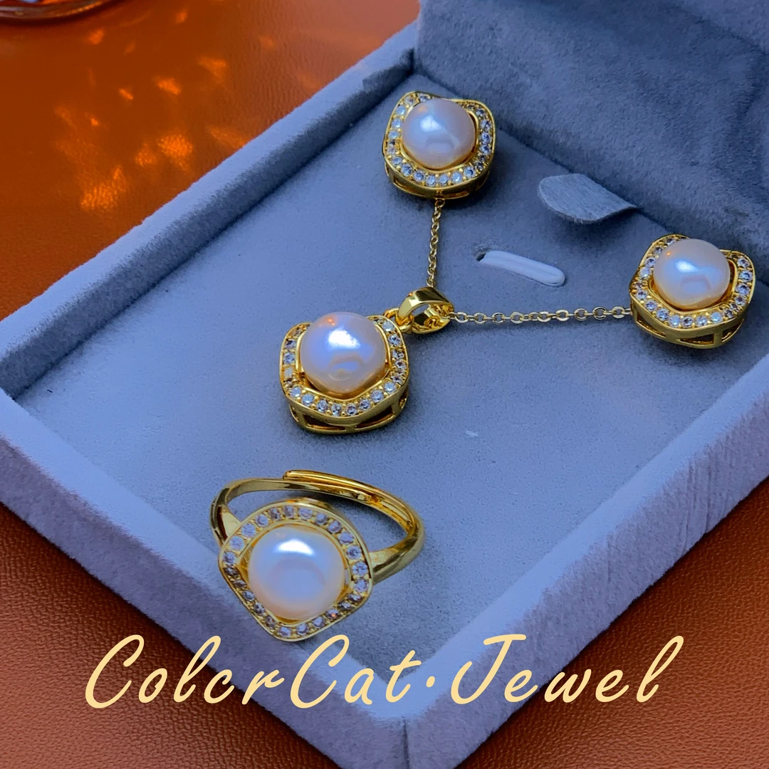 T009【月光宝盒】天然淡水珍珠8-9mm珍珠三件套耳钉项链戒指