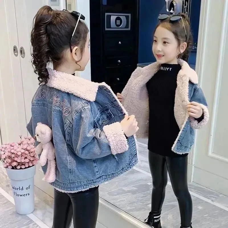 童装冬季2023新款女童外套中大童儿童加厚加绒牛仔夹克小女孩棉服