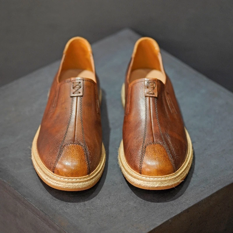 原创手工男鞋中国风渔夫鞋真皮复古懒人四季一脚蹬透气软底乐福鞋
