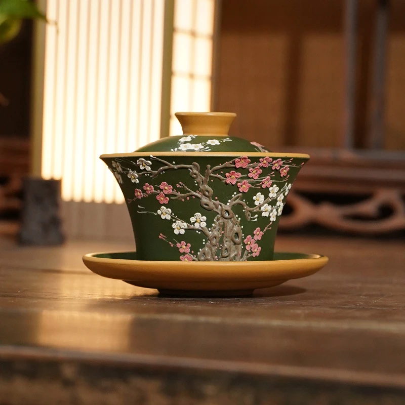 宜兴原矿黄金朱泥粉绿泥绘梅花紫砂三才盖碗容量150CC