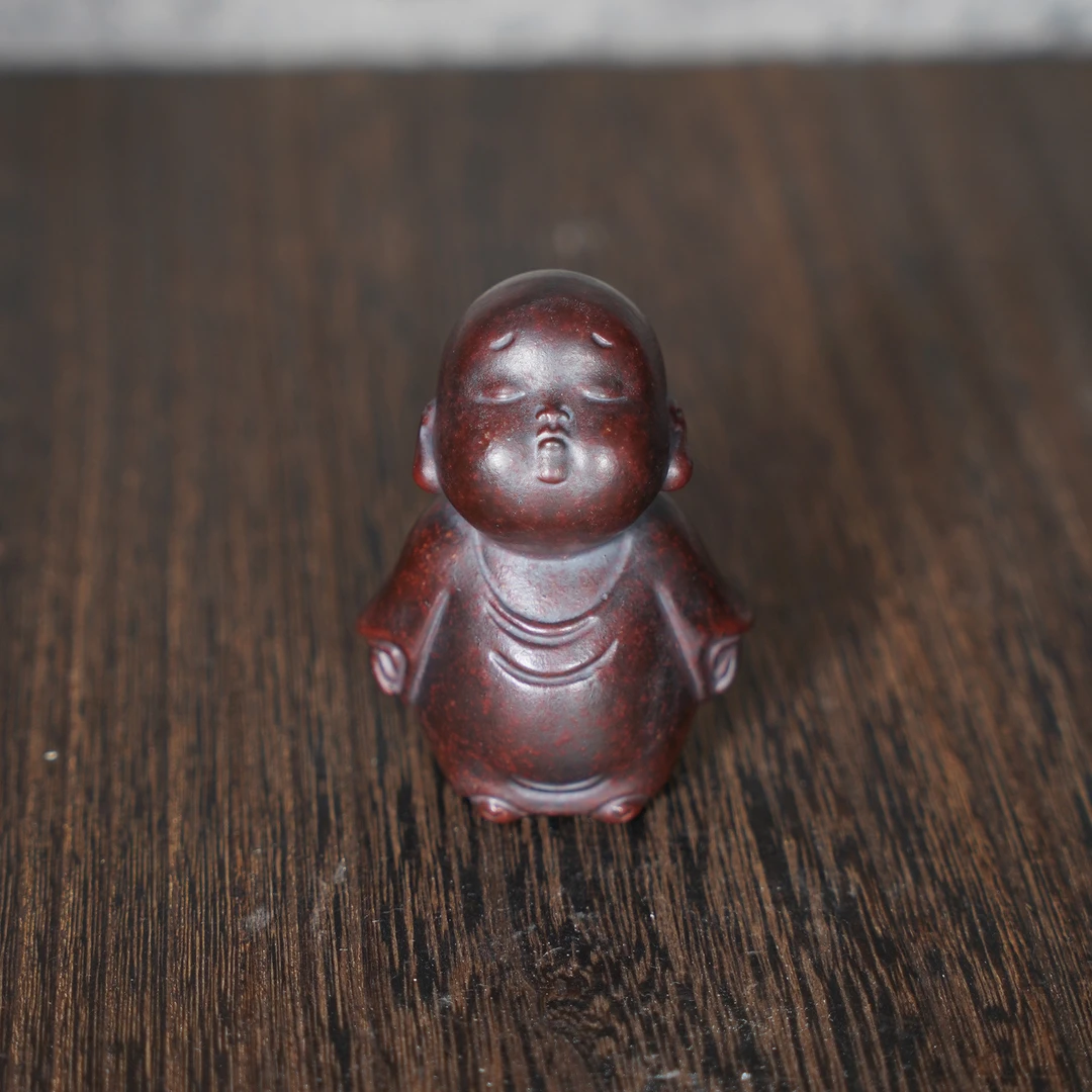 宜兴原矿高温石红雕塑小和尚阿呆师弟紫砂手工茶宠茶玩茶道摆件