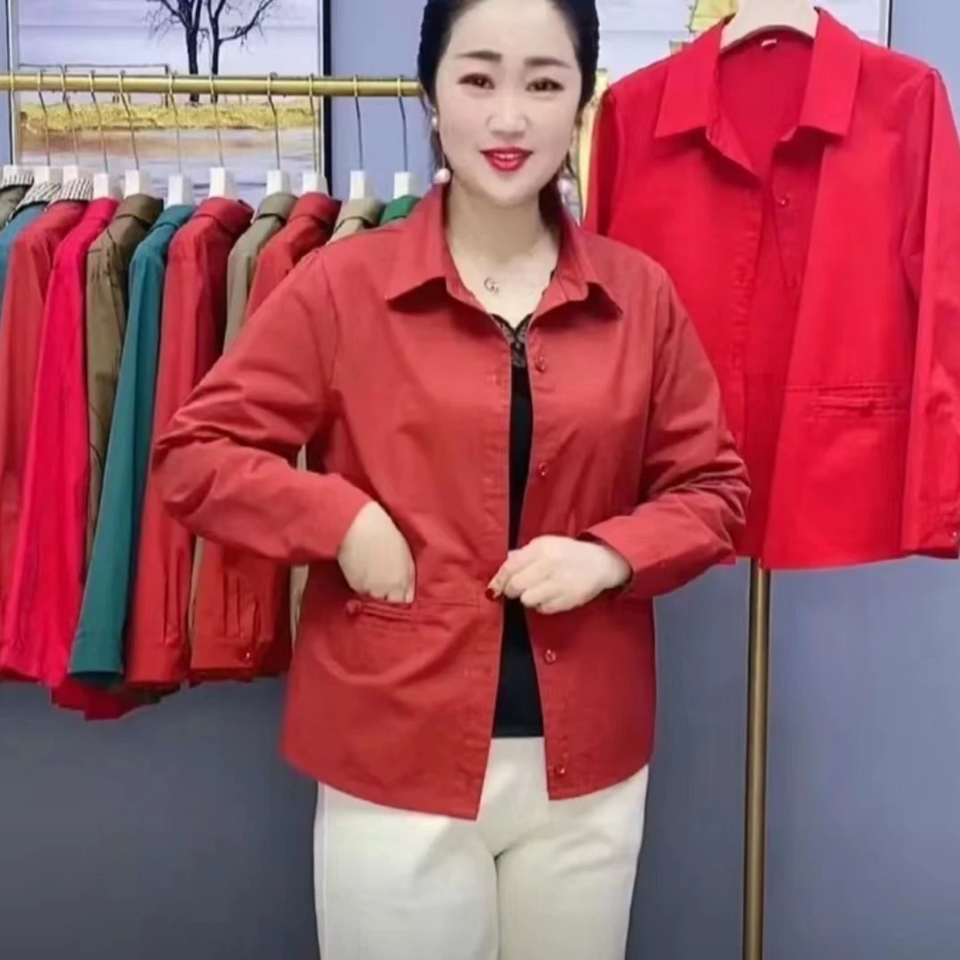 中老年妈妈装春秋薄款纯色翻领外套女士休闲百搭显瘦气质洋气开衫