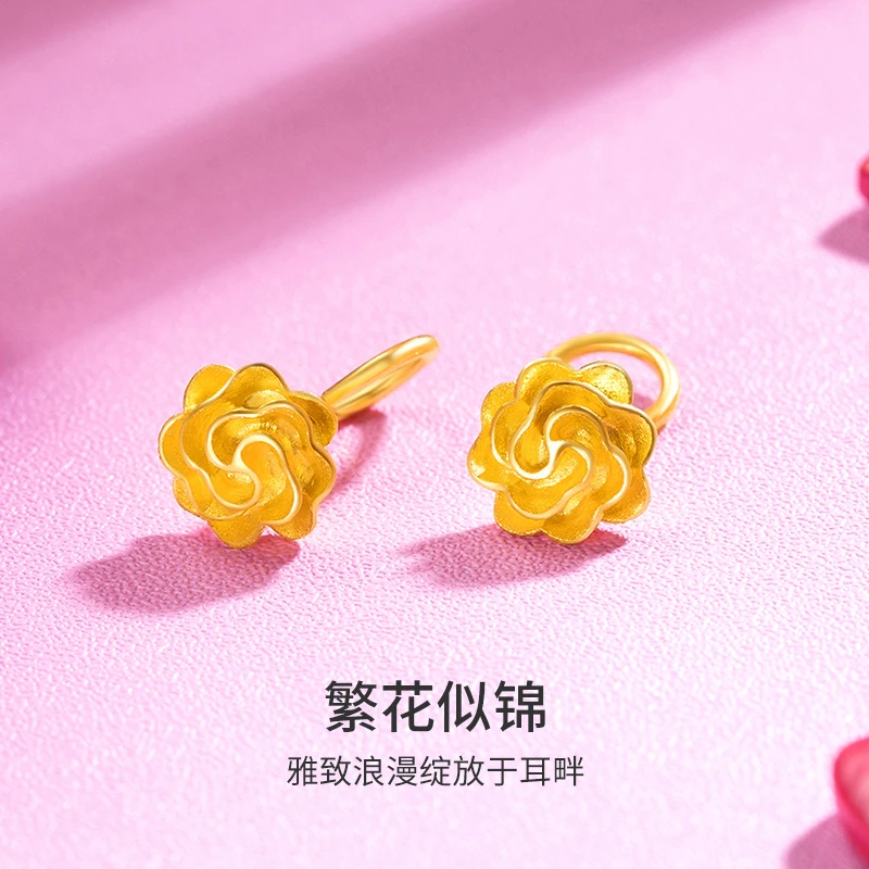 梦金园足金国潮时尚百搭简约优雅高纯度精美磨砂玫瑰花耳钉