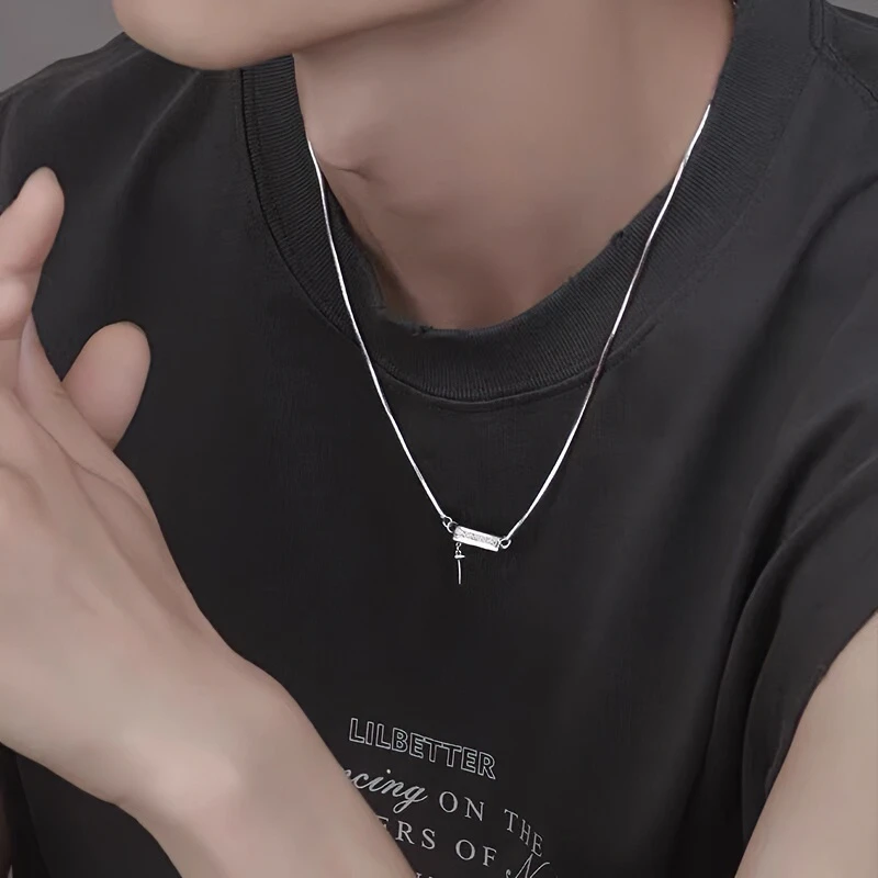 坠链均925银 925纯银时尚设计方牌项链男士个性小众蛇骨链潮颈链