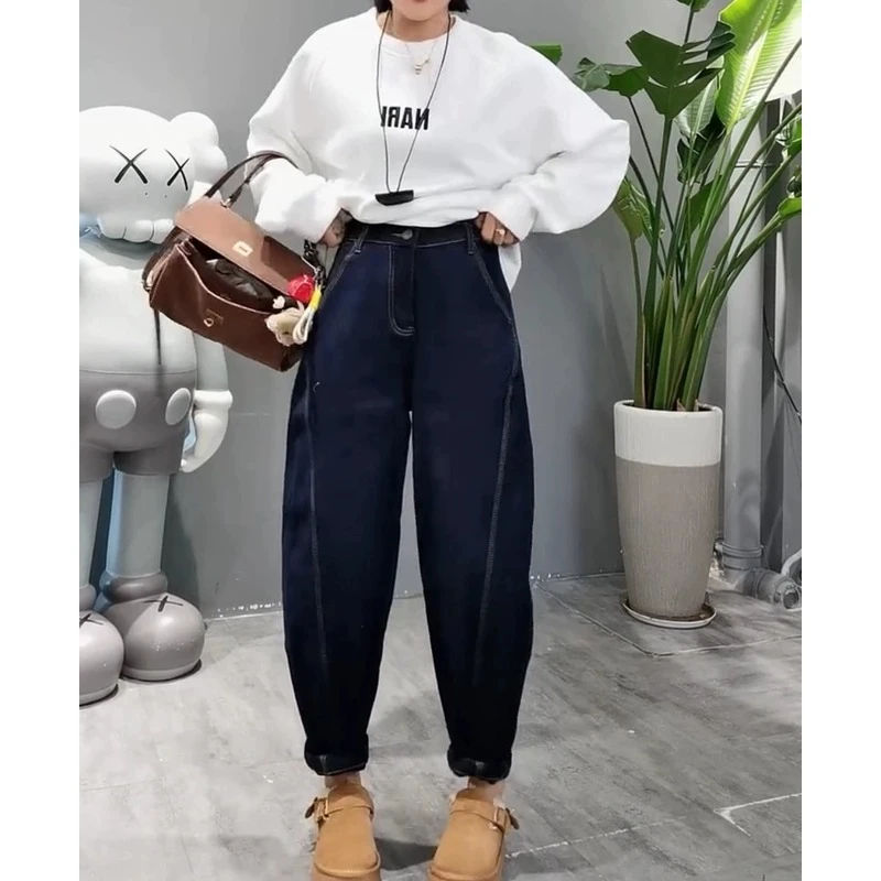 欧货加绒弯刀牛仔裤女2024秋冬新款梨形胖妹小个子显瘦九分老爹裤